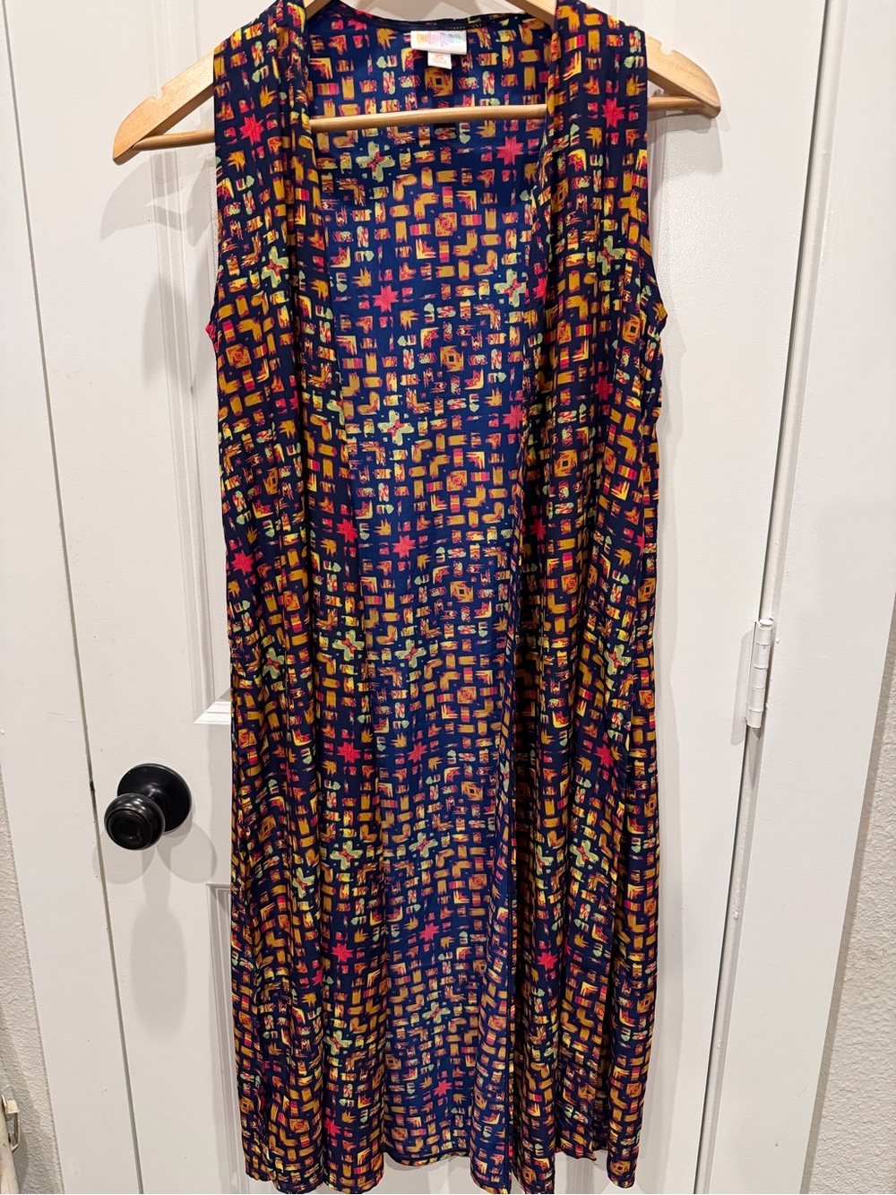 LuLaRoe Navy Geometric Print kimono duster with Yellow, Pink, and Green Accents